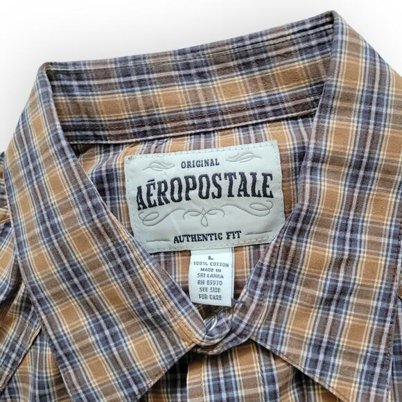 Aeropostale Authentic Brown Plaid Long Sleeve Snap Button Down Western Shirt L - Picture 3 of 5